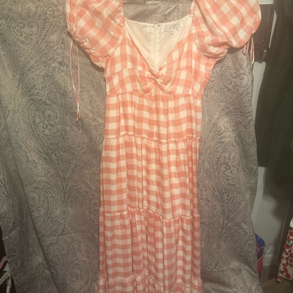 Soft red and White Gingham Dress with Puff Sleeves